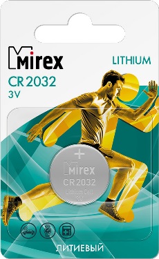 Батарейка дисковая литиевая тип CR2032, Mirex, 3V  (1шт в блистере), 23702-CR2032-E1